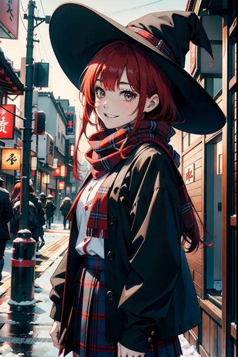 young witch, red hair hairstyles, witch hat, black hat, wearing Japanese schoolgirl Japanese clothes,plaid skirt, blue scarf, 4k, in a Tokyo winter, smiling, 4k