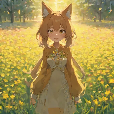 coyote，flower  field，full bodyesbian，Open-mouthed，Professional light，Faraway view，depth of fields，8K，wide high angle view，professional photoshooting，rendering by octane，best qualtiy，tmasterpiece，plat illustrate