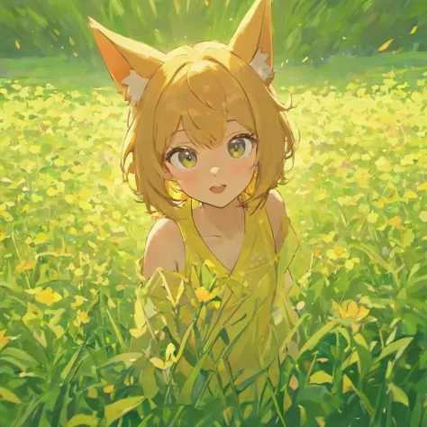 coyote，flower  field，full bodyesbian，Open-mouthed，Professional light，Faraway view，depth of fields，8K，wide high angle view，professional photoshooting，rendering by octane，best qualtiy，tmasterpiece，plat illustrate