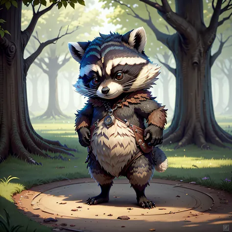 a talking raccoon standing next to a tree drawing