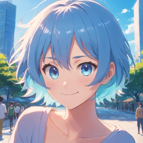 Light blue hair, hair bobbles, short hair, blue eyes, smiling, blushing,  wince, longeyelashes, solid circle eyes, ear blush, fang, doubt, In the city park, anime big breast, drop shadow, anaglyph, pov, atmospheric perspective, cinematic lighting, close-up...