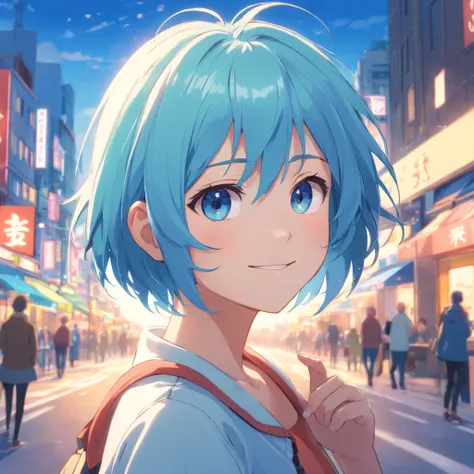 Light blue hair, hair bobbles, short hair, blue eyes, smiling, blushing,  wince, longeyelashes, solid circle eyes, ear blush, fang, doubt, In the city park, anime big breast, drop shadow, anaglyph, pov, atmospheric perspective, cinematic lighting, close-up...