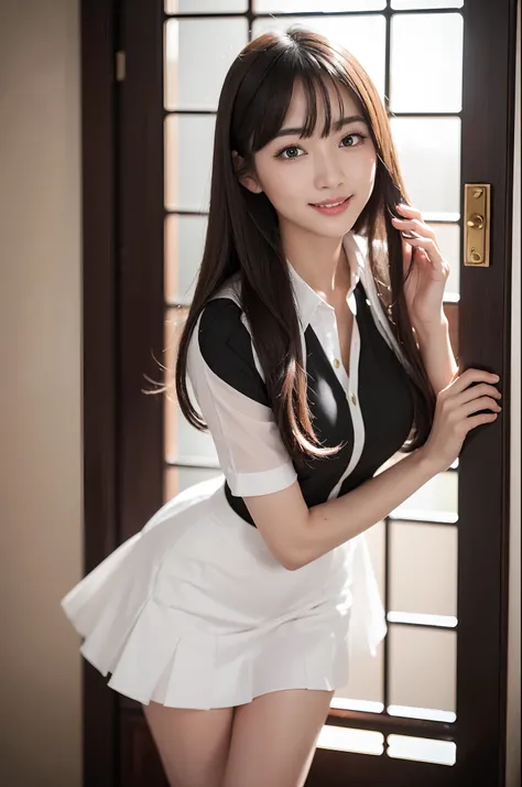 araffe asian woman in a skirt posing for a picture,  a hyperrealistic schoolgirl, with a seductive smile、​masterpiece, 1 beautiful girls, detaileds, top-quality, 超A high resolution, (Realistis: 1.4), OriginalPhotographs, 1girl in, 电影灯光, A smile,  Asian Bea...