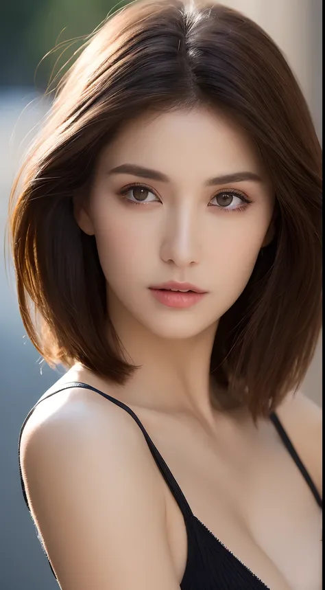 ((Best quality, 8k, Masterpiece :1.3)), Sharp focus :1.2, Perfect body beauty: 1.4, Slim abs: 1.2, ((Dark brown hair, Big breasts: 1.2)), (Natural light, City street: 1.1 ), highly detailed facial and skin textures, detailed eyes, double eyelids, (((Dynami...