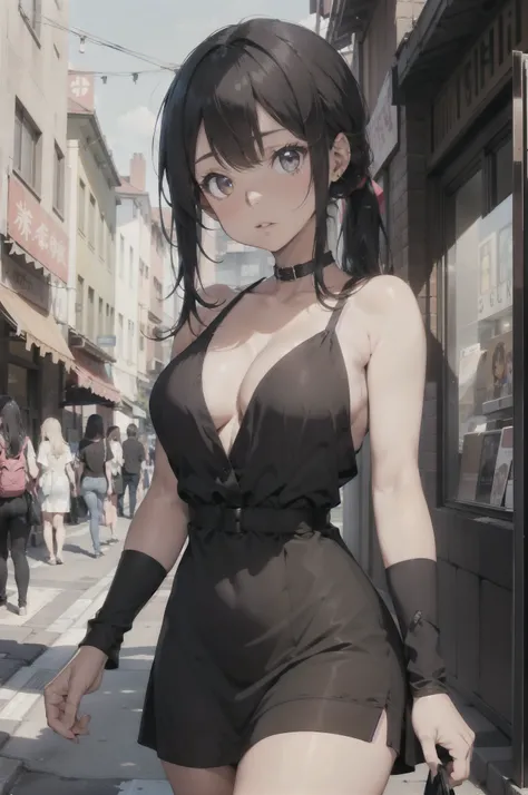 sexy girl, dark skin, hourglass body, cute face, wearing deep_v-neck_dress, big breasts