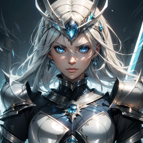 best quality, highres, ultra-detailed, realistic, vivid colors, sharp focus, beautiful detailed eyes, beautiful detailed lips, slim body, silver hair, blue eyes, cold eyes, apathetic, emotionless, wearing light armor, wearing fantasy armor, rapier sword, t...