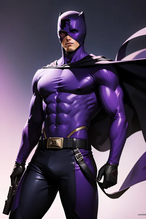 superhero the phantom, wearing a purple outfit covering the whole body, and lilac speedo with black stripes and a belt, holding a gun,  and a black mask over his eyes. super realistic, full body, wearing black boots, standing, sfw, perfect body, perfect fa...