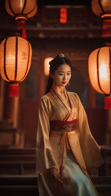 1womanl, 24 years of age，Chinese Beauty，((Focus above the thighs))，Star-studded beauty，Chinese costumes，Ancient Chinese court architecture，Chinese elements，the night，Countless lanterns，Front lighting，