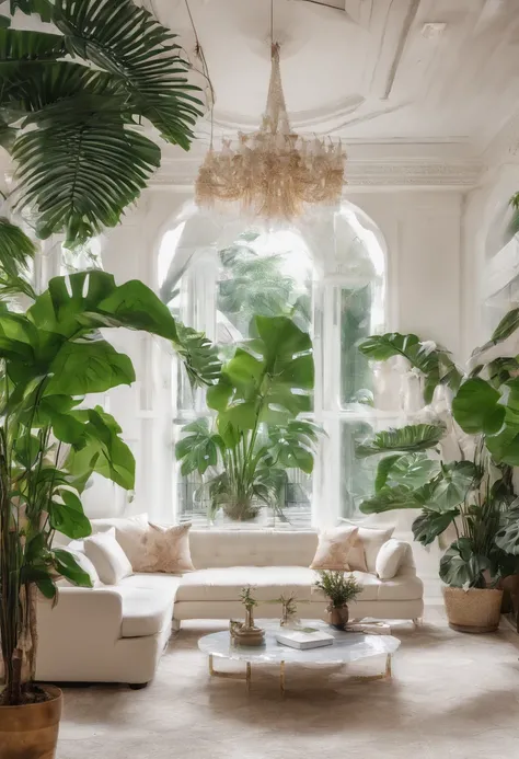 In the large bright living room，carding、Coffee table minimalist style，In the middle is a large pot of white monstera、Rongqinha、Tropical plants