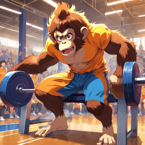 (Bench press Monkey King paints fiercely in the basketball g gym.)