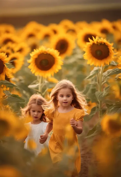 little princesses running in a sunflower field