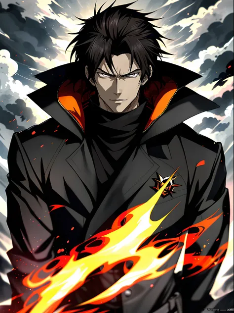 Anime man in a black coat,nigth， Black eyes，Black clouds，Anime handsome man, Anime portrait of a handsome man, anime concept hdr anime macmanus, Key anime art, male anime character