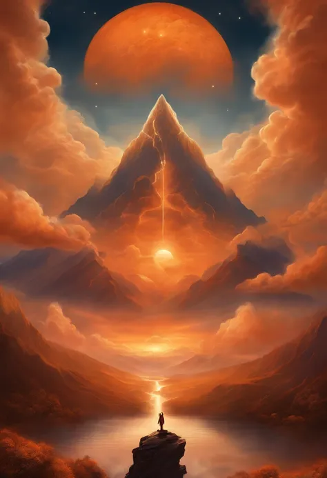 Angelic being without human affections, a creator being of the universe, mythology, In the background of the image, a scenario of heavenly mountains, orange clouds. The style of the image should be in comics, with strong and striking strokes, and mythologi...