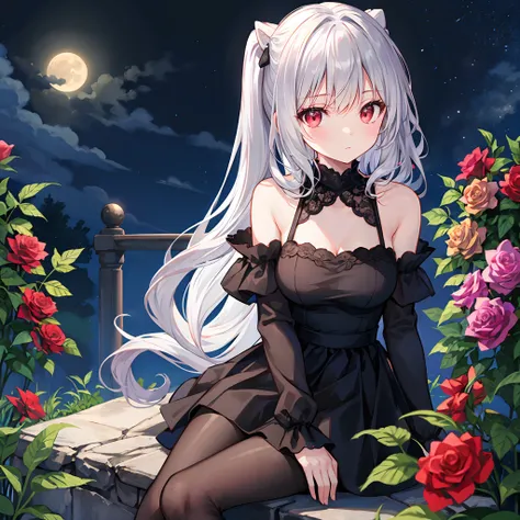 wavy silver hair、red eyes、Beautiful girl alone、Black fluffy dress、off shoulders、a miniskirt、Black tights、rose garden、a moon、sitting on、poneyTail