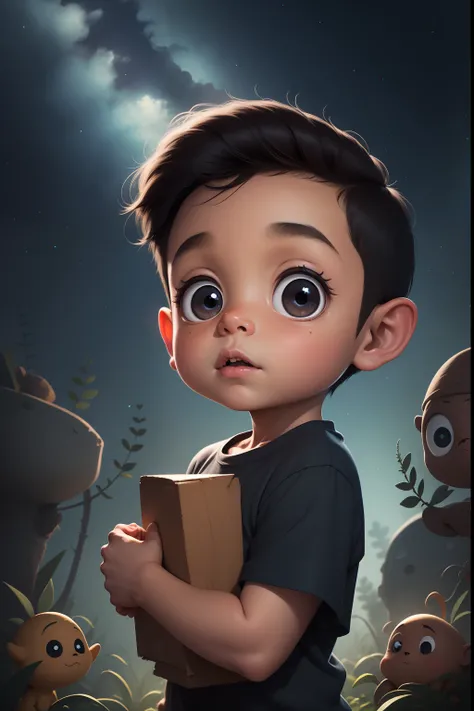 a black-eyed boy with big eyes looking at the Little Prince, um garoto com cabelos dourados e roupas azuis, que sorri. A shooting star shines in the sky in the background.