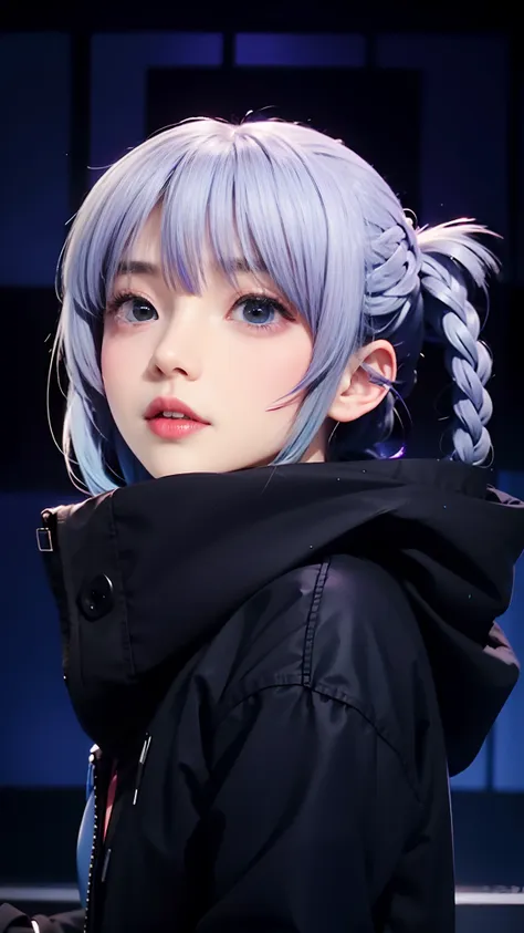 1 girl, nanakusa nazuna, light blue eye color, wears a black jacket, hair braided back, purple hair color