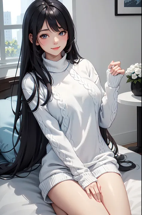 Modern home indoors, 1 Lady Solo /(Black Long Hair/), /(Aran Sweater Blue/), blush gentle smile, (masterpiece best quality:1.3) Delicate illustrations ultra-detailed high resolution, Large breasts