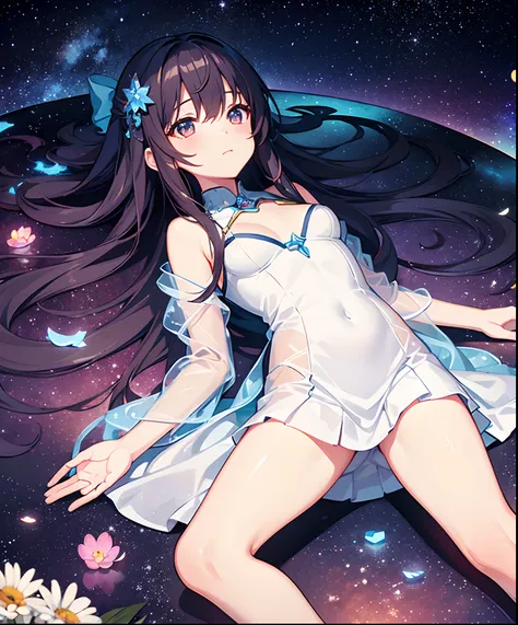 Describe a scene where a cute girl character is lying on a grassy hill, Looking up at the starry sky. Surround her with colorful nebulae and her favorite constellations.