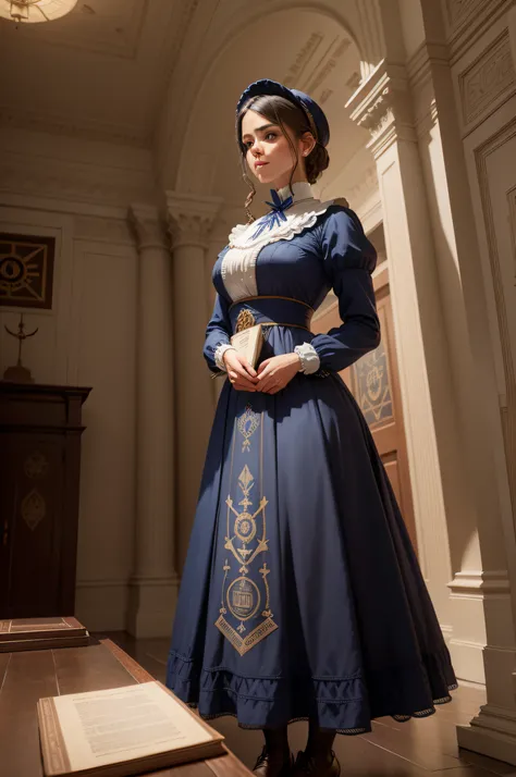 Create the image of a 19th century woman, de vestido azul claro, inside a Masonic temple, with Masonic symbols on the dress and a book in the hand. Put more Masonic symbols on womens clothing.