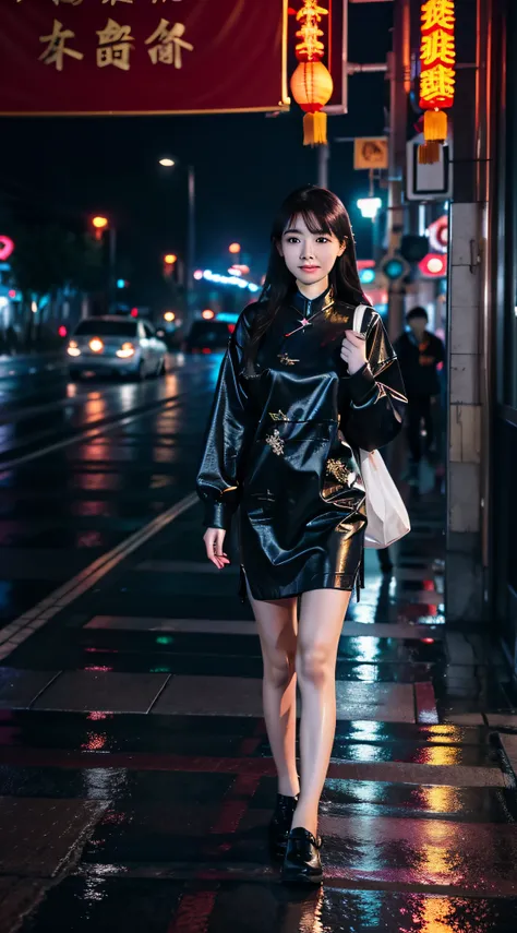 A Chinese girl stands on a street at night and its raining on the street