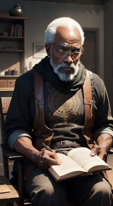 An old black man is sitting in front of an old book in The Mystery Sceen, Eyes on camera, Tirar uma imagem clara do velho, Ultra HD |, Max Sharpen, 8k, Ultra detailed 101K resolution, Sf, trending on ArtStation, foco nítido, Studio shot, detalhes intrincad...