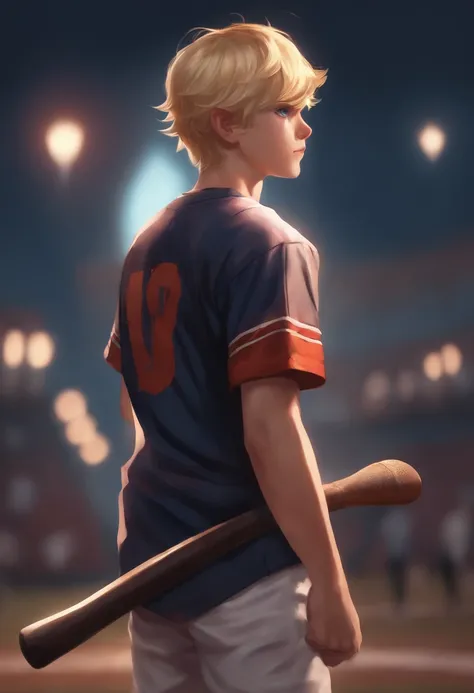 one boy, baseball bat on back, backwards cap, blond, full body, 4k, high quality, rpg character, anime art