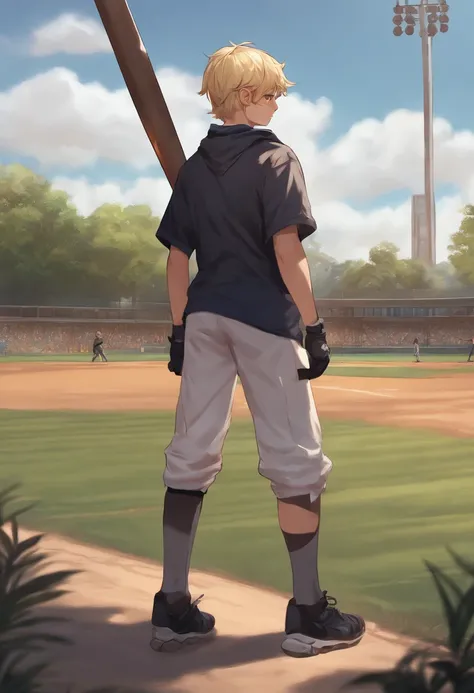 one boy, baseball bat on back, backwards cap, blond, full body, 4k, high quality, rpg character, anime art