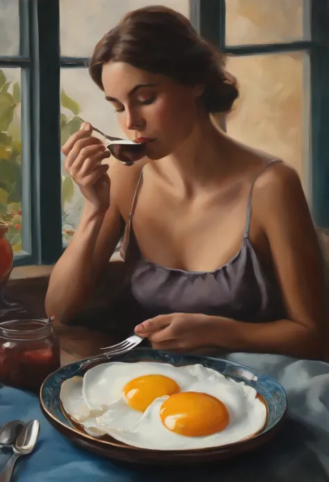 create a painting of a healthy person eating OVOs for breakfast