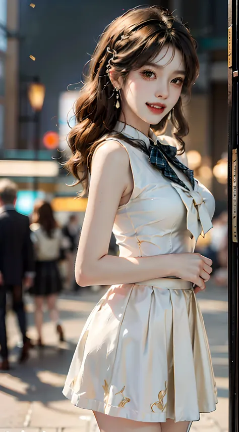 ((cowboy shot)), ((from side)), ((realistic)), ((Standing posture, legs crossed)), Inside the mall, Detailed scenes, 1girll, looking toward the viewer, (grin, Leaking teeth), Asian model, curlies, Air bangs, Beautiful hair accessories, Brownish-yellow hair...