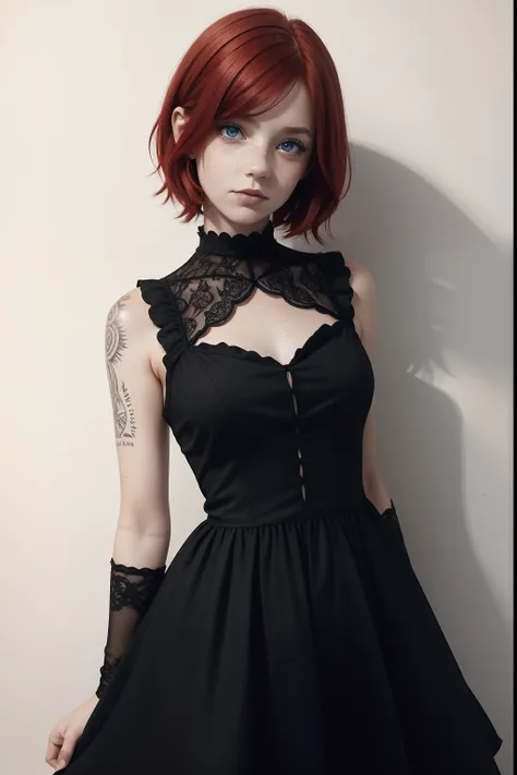 1girl, short red hair, blue eyes, freckles, soft smile, black cute gothic dress, monochrome, ink sketch