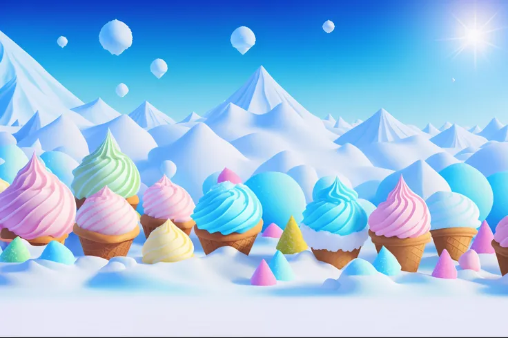 Ice cream fantasy world, mountains made of ice cream of different flavours and colours with toppings of chocolate chips and rocklets  , green pistachio icecream cones, snow man made with ice cream balls, small snowflakes falling, fences made with obleas. P...