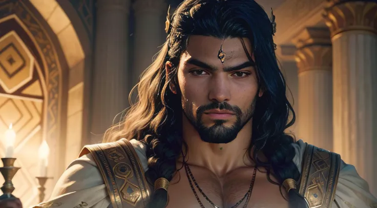 a closeup of a man dressed as an ancient king, handsome prince of persia, Jason Momoa as Assyrian, Great King of Stovokor, Director: Roman Bezpalkiv, Handsome Prince, Roman Emperor, biblical epic movie, man with crown, handsome, handsome man, Nicolau, pret...