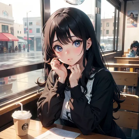 1 beauty，Watery Big Eyes，Pouting，long eyelasher，falda corta，Blushlush，in coffee shop，