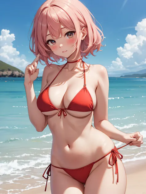 (​masterpiece), (top-quality), Naked Micro Bikini, String bikini, Gestures to solve codes, Embarrassed look, red blush, cute little、 cleavage of the breast、 tits out、 a navel、 Poor rat department、 Protruding buttocks、 thighs thighs thighs thighs、 Tummy、 sh...