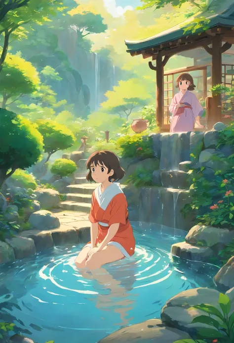 girl with, In the style of a tranquil garden landscape, colorful animation stills, hot onsen、Multiple people、Soak in hot water、warm up、steam