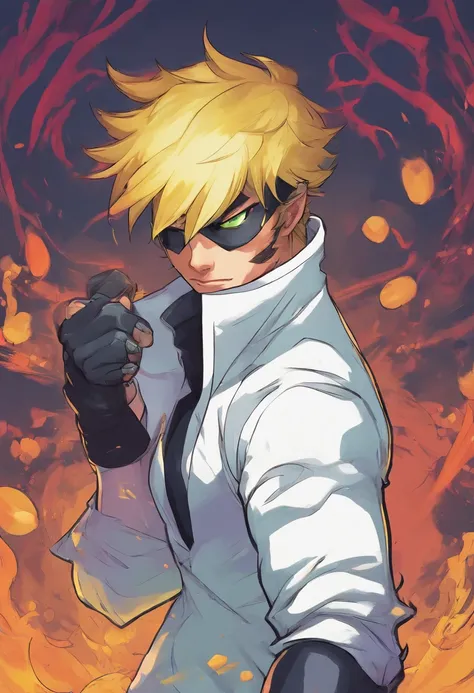 man cosplaying cat noir, from the cartoon Ladybug, he has blonde hair and green eyes, full body image, best quality