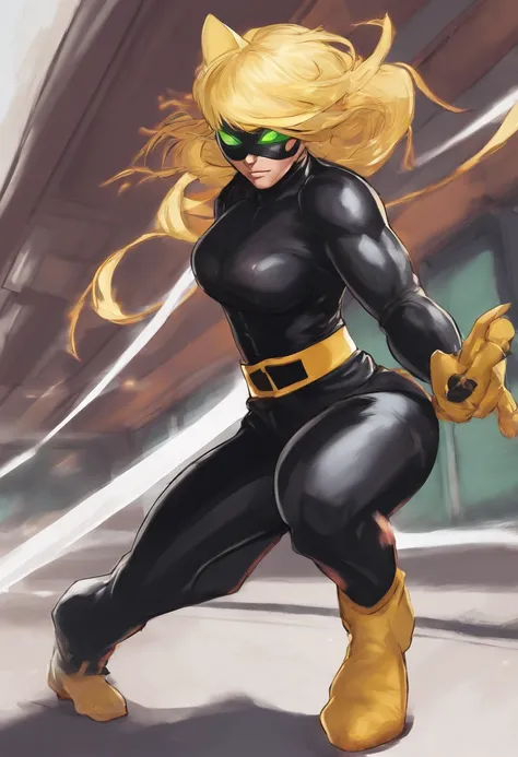 man cosplaying cat noir, from the cartoon Ladybug, he has blonde hair and green eyes, full body image, best quality