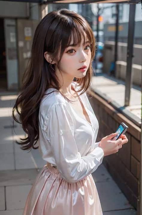 (1girl:1.3), (photorealistic:1.4), cinematic light, (masterpiece, top quality, best quality, official art), extreme detailed, highest detailed, (ultra-detailed), ((an extremely delicate and beautiful)), contemporary, 
silky long hair, (brown hair), 
standi...