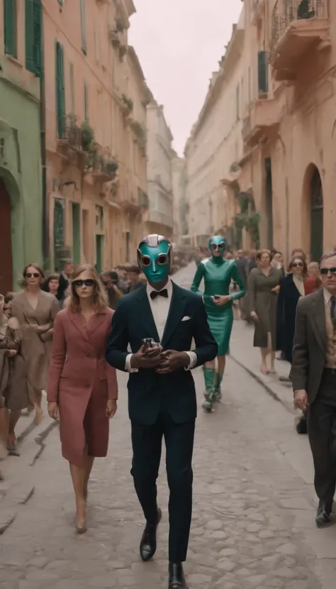 8k portrait of a 1960s science fiction film by Wes Anderson, gotic Vogue anos 1960, preto e roxo , There are people wearing strange futuristic chameleon masks and wearing extravagant retro fashion outfits and men and women wearing alien makeup and antique ...