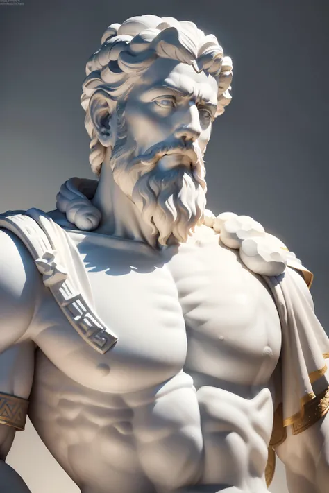 A realistic Greek white marble statue of Marcus Aurelius, very strong and confident, carefully detailed, wearing a ghostly toga, fundo neutro, Moody, fotorrealista, Jantar de cinema atencioso, super detalhado, hyper realistic, luzes brilhantes, 8000