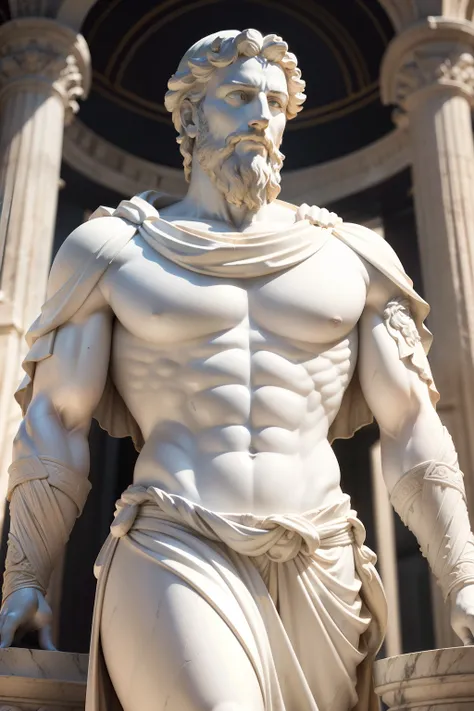 A realistic Greek white marble statue of Marcus Aurelius, very strong and confident, carefully detailed, wearing a ghostly toga, fundo neutro, Moody, fotorrealista, Jantar de cinema atencioso, super detalhado, hyper realistic, luzes brilhantes, 8000