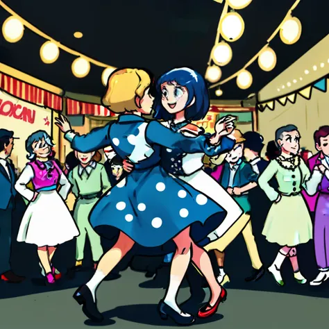 American style in the 60s、Person dancing in polka dot dress々、Old-fashioned dance club、Bustling people、Dancing happily