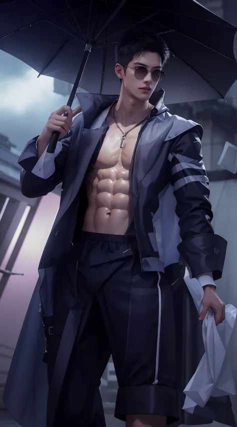 1 male, (male model) hot skin, masterpiece, best qualities, most handsome man in the world, by Shen Quan, perfect body, beautiful male model, attractive male lead 18- 24 years old cosmetology, rain, city, evening, house, lights, electricity poles, cloudy s...