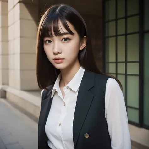 (Beautiful face),18-year-old Taiwanese woman，Sister head，Long bangs，Green buttoned shirt，a black pleated skirt，white legwear，Black school shoes，Walk around campus，(Photorealistic),(Masterpiece),(A high resolution),