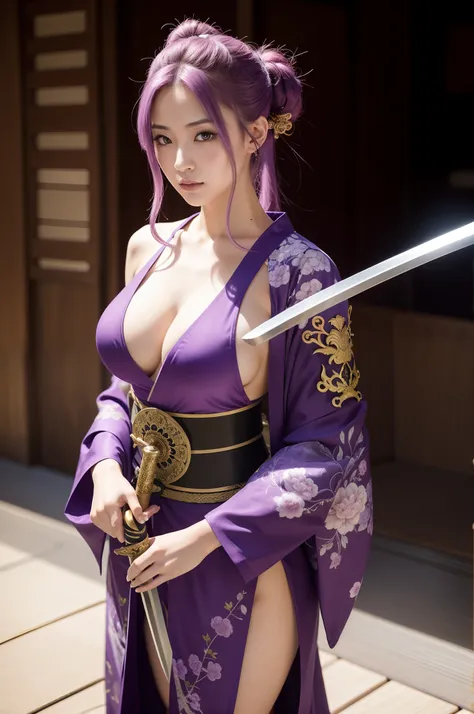 arafed woman in a costume holding a sword and a sword, she is holding a katana sword, very beautiful cyberpunk samurai, female samurai, wearing kimono armor, ornate korean polearm behind her, she is holding a sword, holding a sword on her shoulder, wearing...