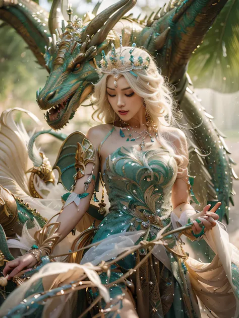 a close up of a woman in a green dress with a dragon, queen of dragons, detailed fantasy art, ruan jia and artgerm, by yang j, f...