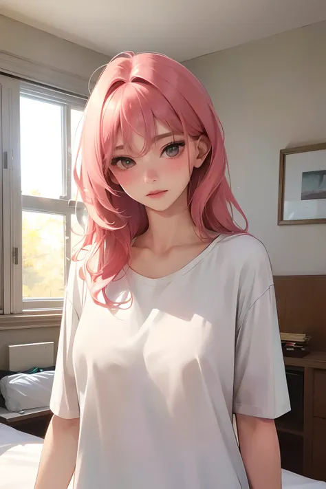 (highest resolution, distinct_image) The best quality, a woman, masterpiece, highly detailed, semi realistic, 21 years old, cute, young, beautiful, naked oversized t-shirt, shirt tug, collar on neck, indoors, modern bedroom, window, waking up, morning, blu...