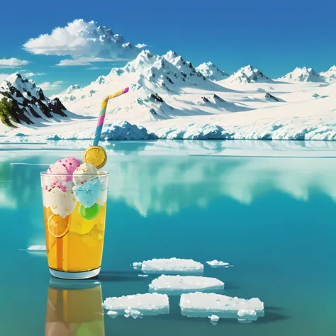 Drink with ice cream on top of brightly colored carbonated water --auto