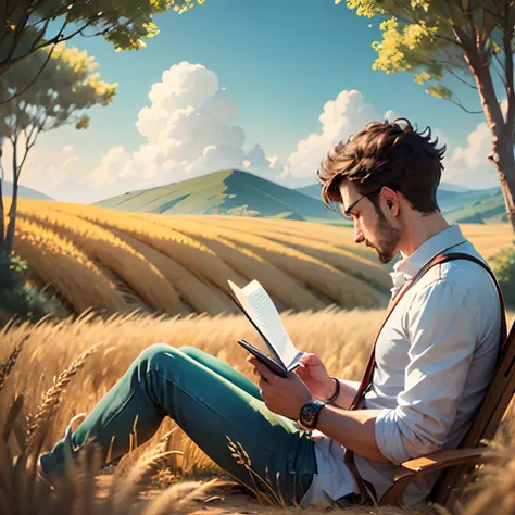 A man is reading a book next to a golden wheat field on a sunny day --auto --s2