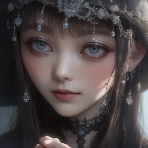 Gothic Girl、makeup、close up of face、(realisitic、hight resolution)、(1 girl in)、Do-Up Eye、Korean Girl、(Best Quality), (masutepiece), (1girl in), Solo, a beauty girl, Perfect face,,dreamlikeart、Highly detailed airbrush art((Surreal))、Volumetric lighting、(top-...